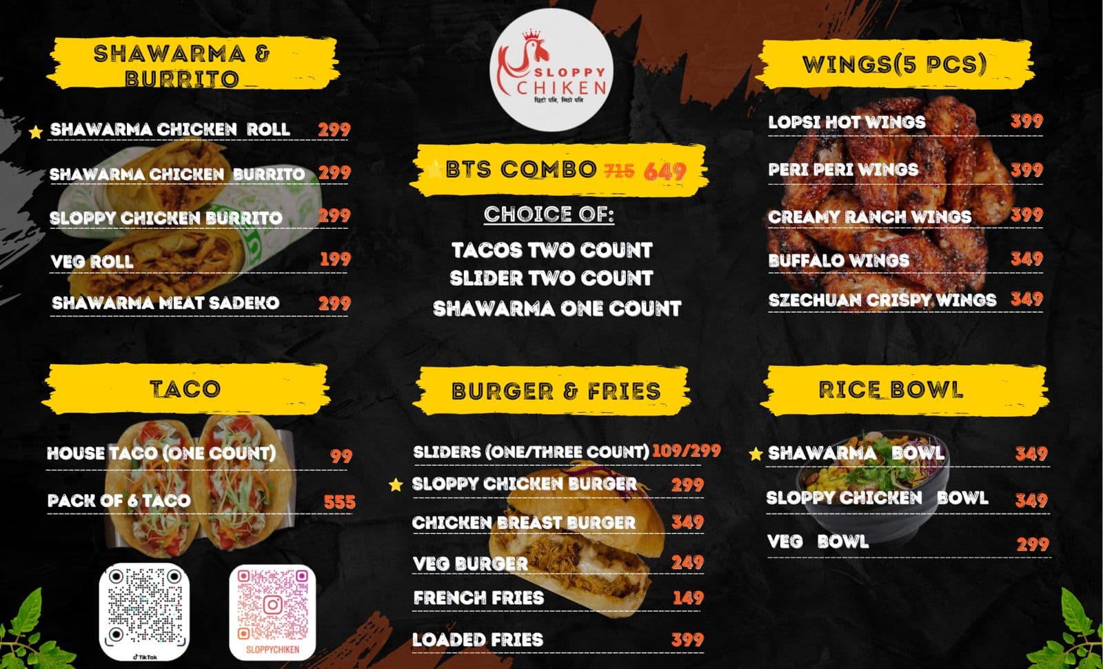 Sloppy Chiken menu page with shawarma, burrito, taco, burger, fries, wings, and rice bowl sections