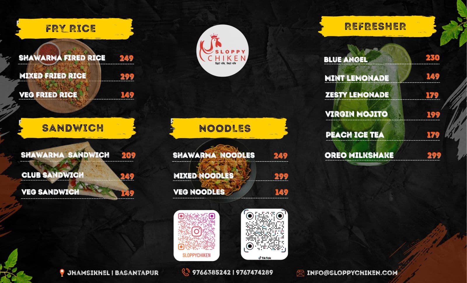 Sloppy Chiken menu page with fried rice, sandwich, noodles, and refresher sections
